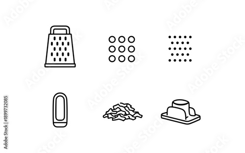 Collection of kitchen grater icons and grated food illustrations
