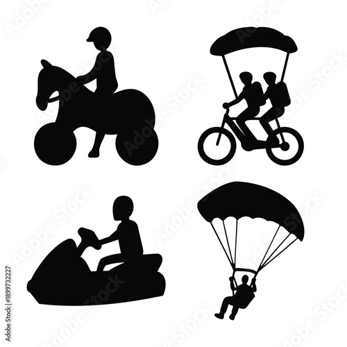 Silhouettes of people engaged in various outdoor adventure and recreational activities