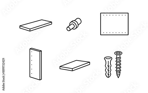 Collection of isometric line art icons representing furniture assembly hardware and components