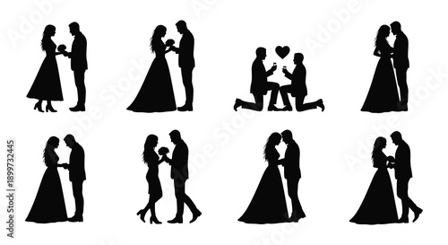 A collection of romantic couple silhouettes depicting love proposals and embraces on transparent background high quality professional detailed modern elegant stylish