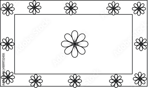 Black and white rectangle frame with decorative floral border and central flower design element for spring invitations and greeting cards.