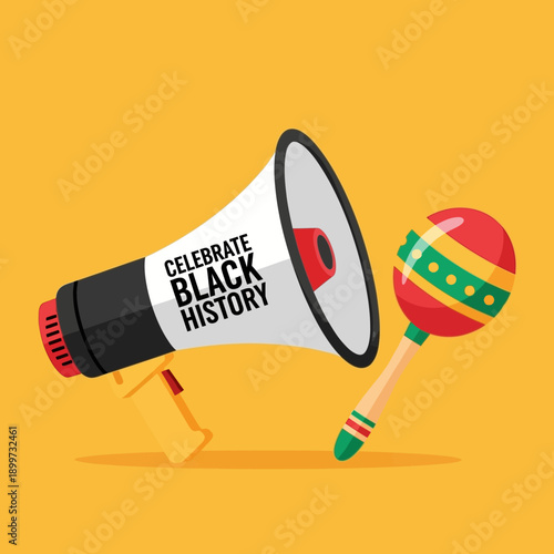 A vibrant celebration scene with a megaphone and maraca promoting Black History Month in a lively event