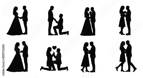 A collection of romantic couple silhouettes in various poses ideal for wedding designs on transparent background silhouette high quality professional detailed