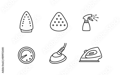 Collection of line art icons representing laundry and ironing equipment and tools