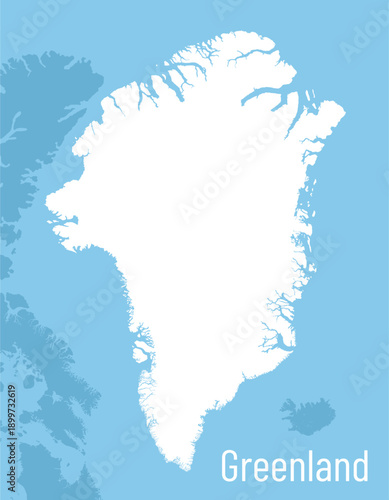 Physical map of Greenland, white highly detailed silhouette of the country isolated on blue background