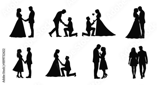A collection of romantic couple silhouettes depicting proposals embraces and walks on transparent background high quality professional detailed modern elegant stylish