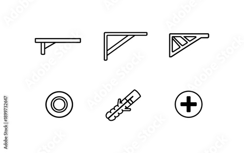 Collection of line art icons representing shelf brackets, wall anchors, and a plus sign