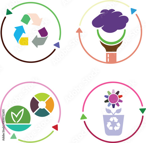 Colorful sustainable ecology and circular economy icon set featuring recycling symbols, green energy leaves, and waste management concepts for environment.