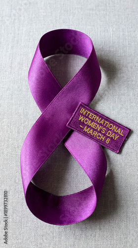 Un elegante lazo morado de satén brillante, símbolo universal del Día Internacional de la Mujer. Representa la conmemoración del 8M y la lucha continua por la igualdad de derechos, la justicia