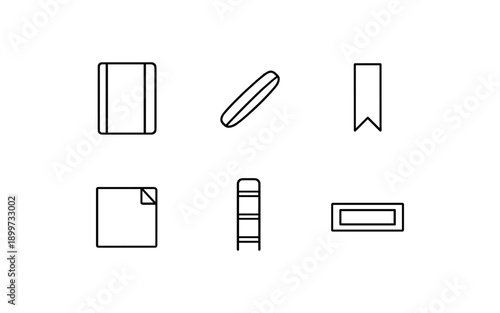 Collection of simple line art icons representing stationery and office supplies