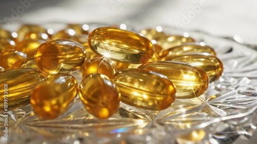 Golden omega-3 vitamin softgel capsules on a shiny glass surface. Close-up of health and beauty supplements with sparkling light. Skincare and nutrition concept