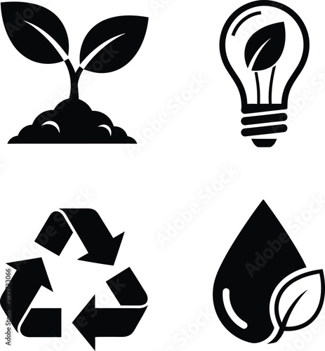 Carbon footprint and sustainability icon set featuring eco friendly energy reduction, CO2 emission monitoring, reforestation and circular economy recycling symbols.