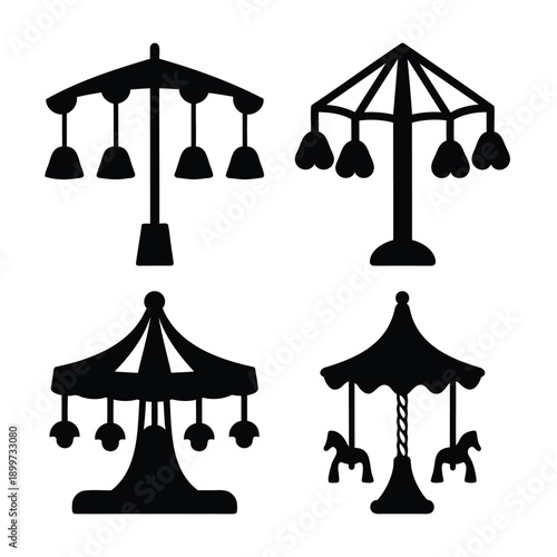 Collection of amusement park carousel ride silhouettes with different designs and features
