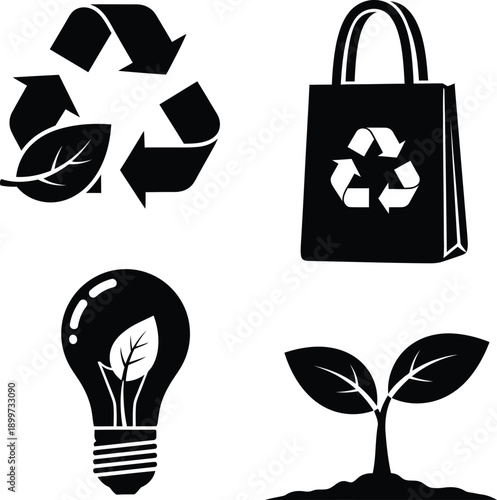 Eco friendly sustainability icon set with green energy light bulb, reusable shopping bag, waste recycling symbol and young plant growth for nature conservation.
