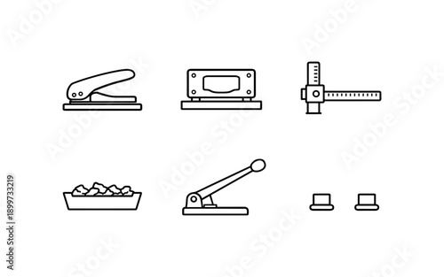 Collection of office tools and stationery items in a clean line art style