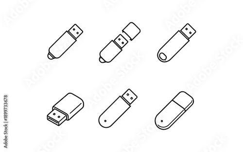 Collection of six different USB flash drive icons in a simple outline style