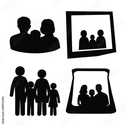 Various black silhouette icons illustrating family, people, and group concepts
