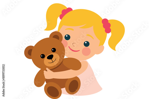 A young girl with blonde hair hugging a brown teddy bear tightly