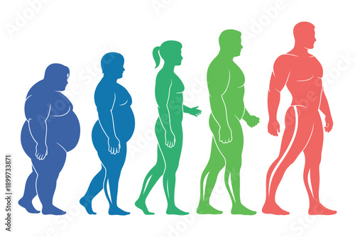 A colorful illustration of a person's weight loss journey over time