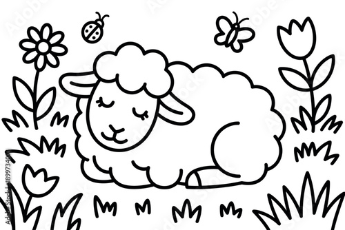 A cute cartoon sheep lying in a field of flowers and grass