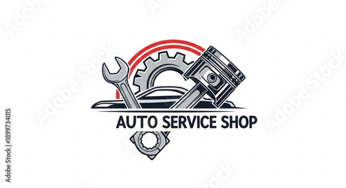 Auto Service Shop Emblem with Wrench Piston and Gear.