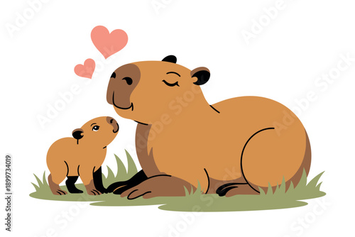 A mother capybara and her baby share a loving moment together outdoors