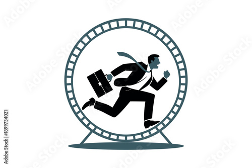 A stressed businessman runs in a hamster wheel with briefcase and laptop