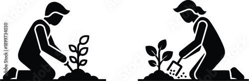 People planting trees icon set featuring human silhouettes gardening and reforestation efforts for environmental protection and nature conservation concepts.