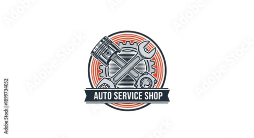 Auto Service Shop Emblem with Tools and Engine Parts.
