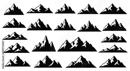 A collection of black mountain silhouettes arranged in a grid pattern on transparent background silhouette high quality professional detailed modern elegant