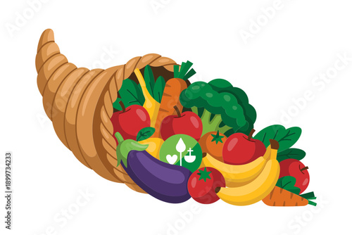 A colorful cornucopia filled with fresh fruits and vegetables spilling out