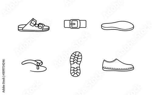 Collection of footwear elements and components in a simple line art style