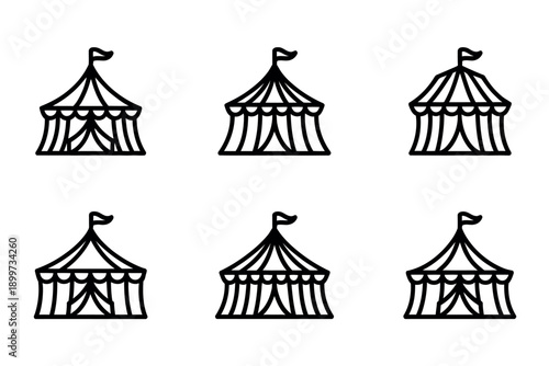 A set of six black and white circus tents on a plain background