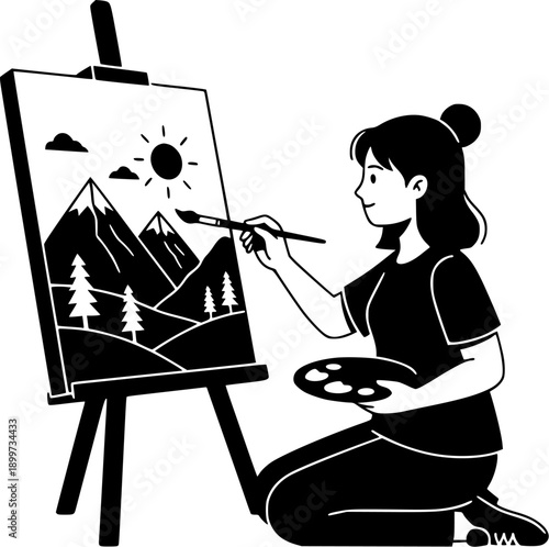 Black and white illustration of woman painting on canvas with easel for art education and creative hobby concept