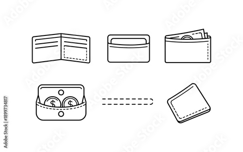 Collection of line art icons representing wallets, cash, and coins in various states