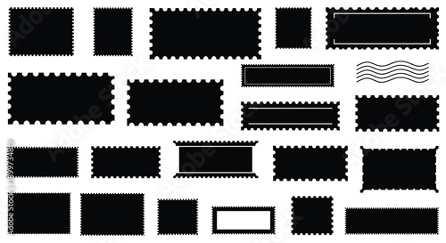 A collection of black postage stamp shapes and rectangular borders in a minimalist style on transparent background silhouette high quality professional