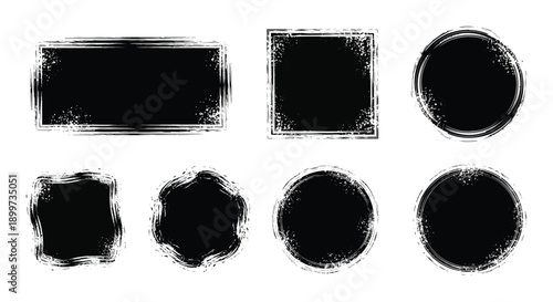 A collection of abstract black frames and circles featuring a distressed brushstroke style on transparent background silhouette high quality professional detailed