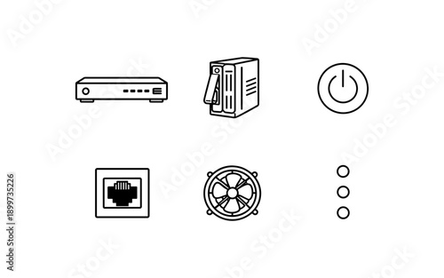 Collection of computer hardware icons including a server, power button, fan, and network port