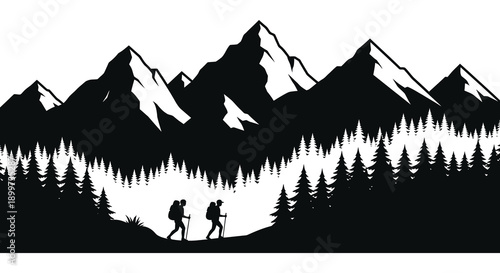 A striking black and white mountain range landscape with two hikers depicted as a silhouette on transparent background high quality professional