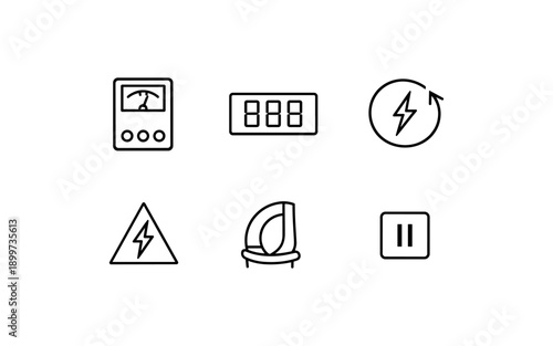 Collection of six simple line icons representing electrical symbols and controls