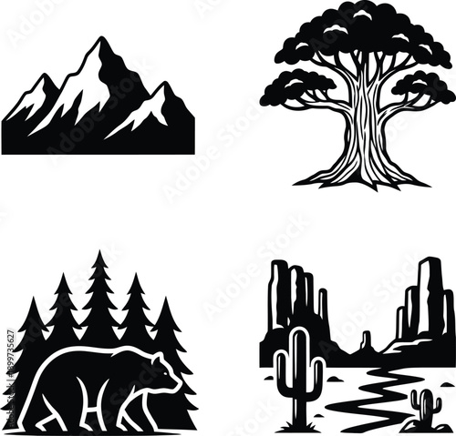 Wildlife and nature landscape icon set featuring mountain peaks, ancient oak tree, forest bear silhouette and desert canyon with cactus and winding river.