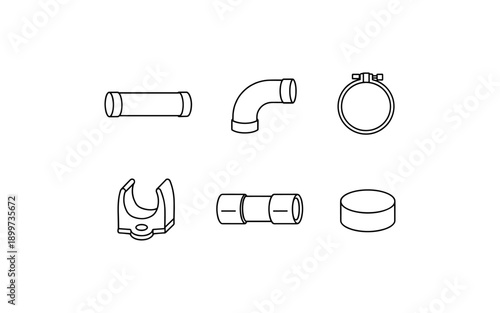 Collection of plumbing pipe fittings and connectors in a simple line art style