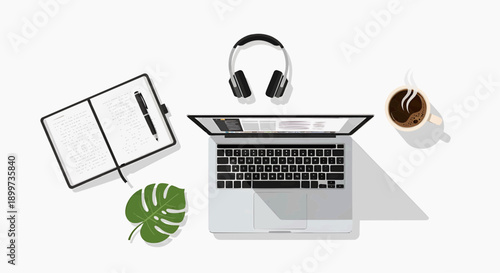 Modern minimalist remote workspace flat lay, featuring a laptop, headphones, coffee, and notebook on a clean white desk, ideal for focused digital productivity