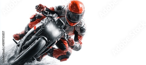 Biker on motocross on white background. Generative AI technology.	
