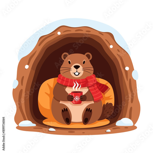 A cartoon beaver wearing a scarf sits cozily in its snowy burrow holding a hot mug.