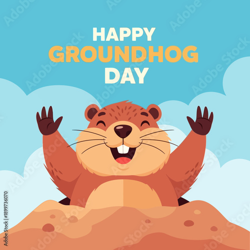 Groundhog emerges from burrow on sunny Groundhog Day morning in a field