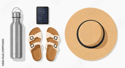 Essential summer vacation accessories for an eco-friendly and stylish outdoor adventure, flat lay on a clean white background, symbolizing preparation and wanderlust