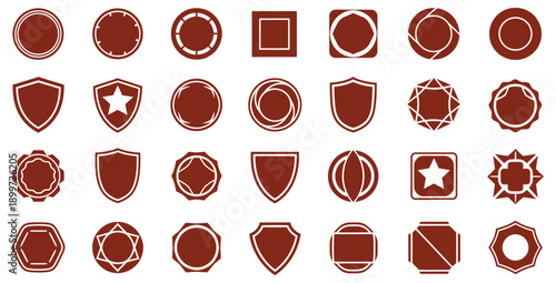 Collection of brown heraldic shield emblems badges and geometric seals featuring various decorative shapes suitable for awards or vector design elements