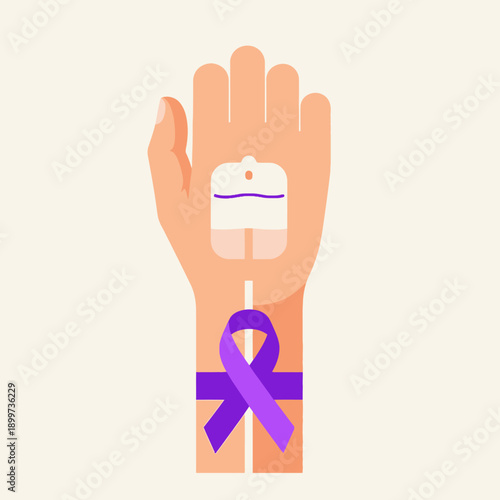 A hand displays a purple awareness ribbon and an IV drip on a medical wristband indoors.