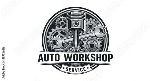 Auto Workshop Service Emblem with Piston and Wrench.